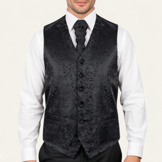 Black on Black Swirl Leaf Wedding Waistcoat #AB-WWA1000/3
