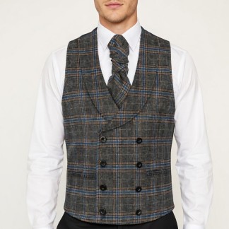Grey Overcheck Double Breasted Shawl Wool Waistcoat #AB-WWC1020/2