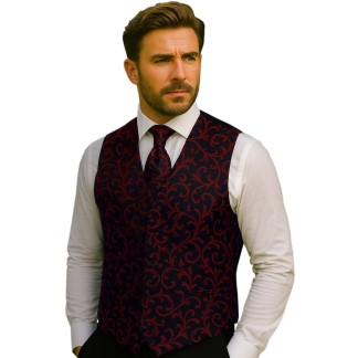 Burgundy on Black Swirl Leaf Wedding Waistcoat #AB-WWA1000/1