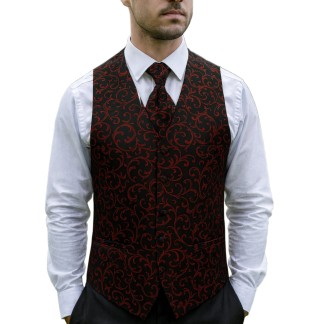 Burgundy on Black Swirl Leaf Wedding Waistcoat #AB-WWA1000/1