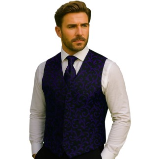 Purple on Black Swirl Leaf Formal Waistcoat #AB-WWA1000/14