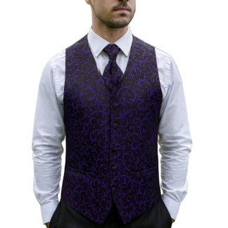 Purple on Black Swirl Leaf Formal Waistcoat #AB-WWA1000/14