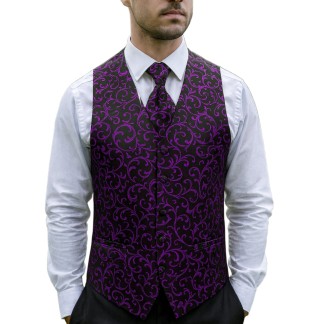 Plum on Black Swirl Leaf Formal Waistcoat #AB-WWA1000/16