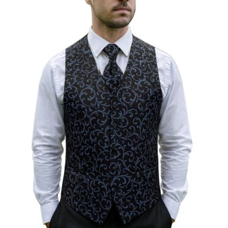 Morning Blue on Black Swirl Leaf Wedding Waistcoat #AB-WWA1000/17
