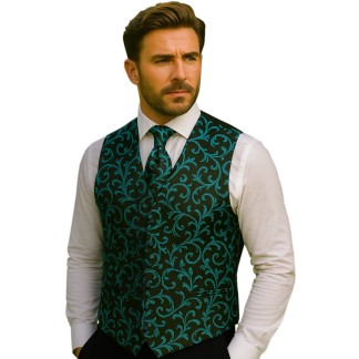 Teal on Black Swirl Leaf Wedding Waistcoat #AB-WWA1000/2