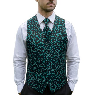 Teal on Black Swirl Leaf Wedding Waistcoat #AB-WWA1000/2