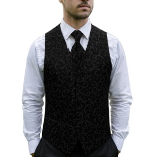 Black on Black Swirl Leaf Wedding Waistcoat #AB-WWA1000/3