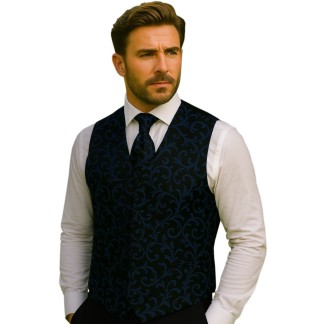 Navy on Black Swirl Leaf Wedding Waistcoat #AB-WWA1000/4