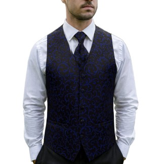 Navy on Black Swirl Leaf Wedding Waistcoat #AB-WWA1000/4
