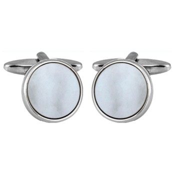 Silver Round Mother Of Pearl Rhodium Plated Cufflinks #90-1074