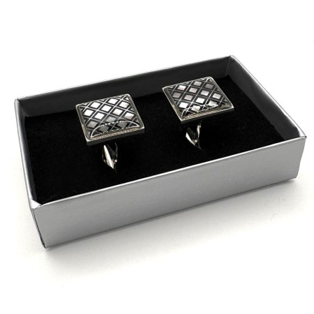 Black & Silver Geometric Diamond Grid Cufflinks
