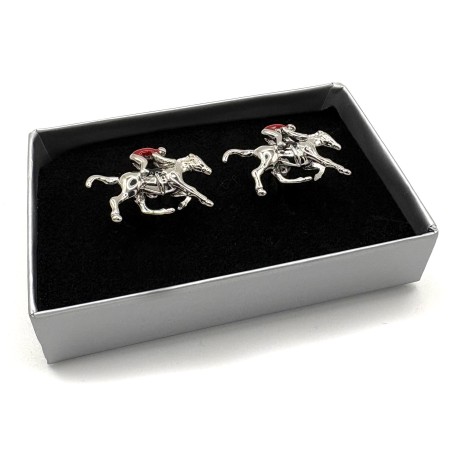 Silver Plated Horse & Jockey Red Enamel Cufflinks