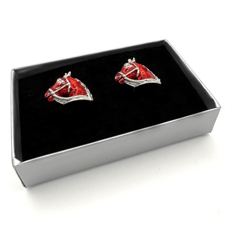 Silver Plated Horse Head Red Enamel Cufflinks