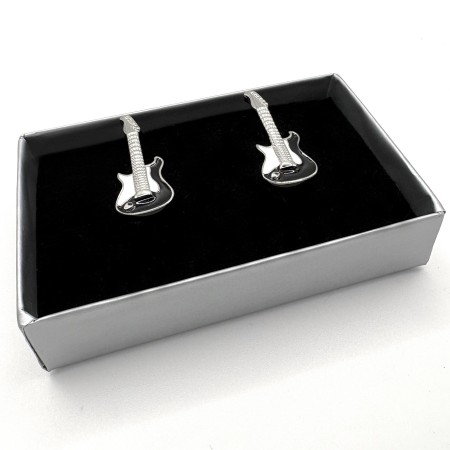 Silver Plated Electric Guitar Black Enamel Cufflinks