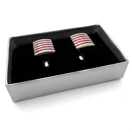 Red Enamel Stripe Silver Plated Curved Cufflinks