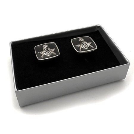 Black Enamel Freemasons Square & Compasses Silver Plated Cufflinks