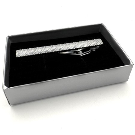 Textured Silver Plated Tie Clip - Crosshatch Engraved Rectangular Bar Design