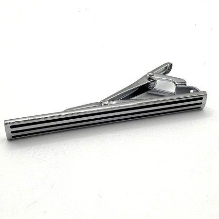 Silver Plate Tie Clip - Polished Bar with Linear Stripe Detail 