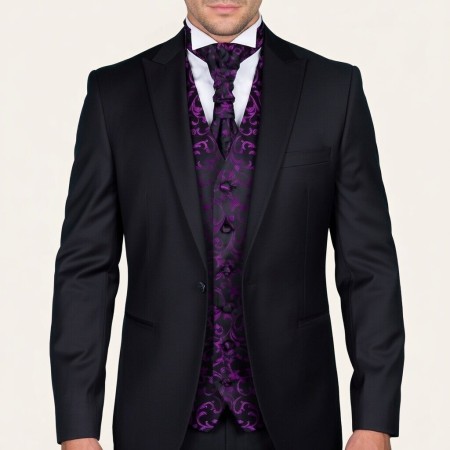 Plum on Black Swirl Leaf Formal Waistcoat #AB-WWA1000/16