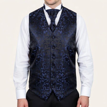 Navy on Black Swirl Leaf Wedding Waistcoat #AB-WWA1000/4