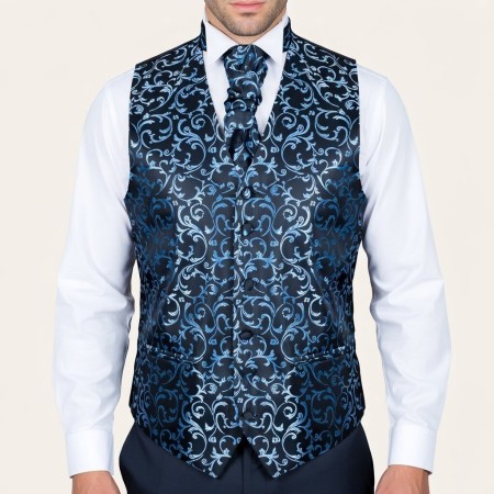 Morning Blue on Black Swirl Leaf Wedding Waistcoat Abel & Burke