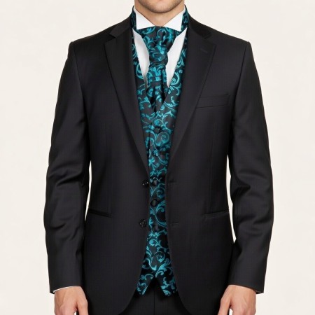 Teal on Black Swirl Leaf Wedding Waistcoat #AB-WWA1000/2