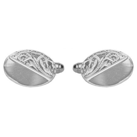 Silver Half Engraved Oval Sterling Silver Cufflinks #70-6011