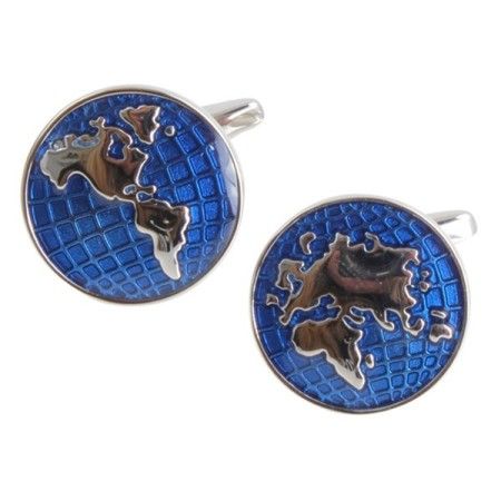 Blue World Map Rhodium Plated Cufflinks #90-1036