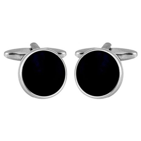 Silver Round Onyx Rhodium Plated Cufflinks #90-1073
