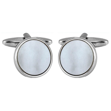 Silver Round Mother Of Pearl Rhodium Plated Cufflinks #90-1074