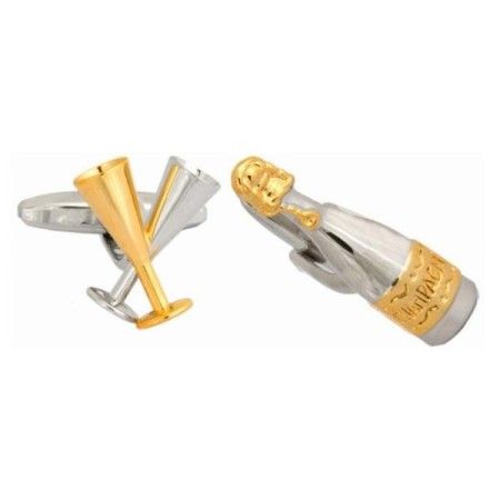 Silver Champagne Bottle & Glass Rhodium Plated Cufflinks #90-1215
