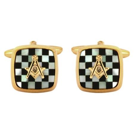 Gold Mother of Pearl & Onyx Masonic Cushion Cufflinks #90-2890
