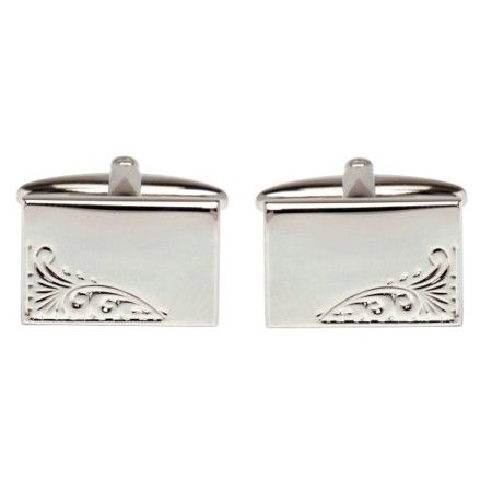 Silver Engraved Leaf Rhodium Plated Cufflinks #90-9008