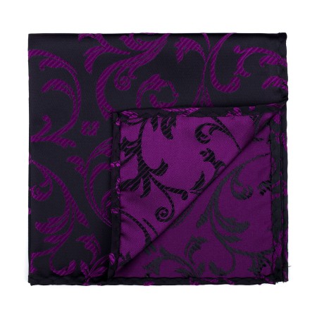 Plum on Black Swirl Leaf Pocket Square