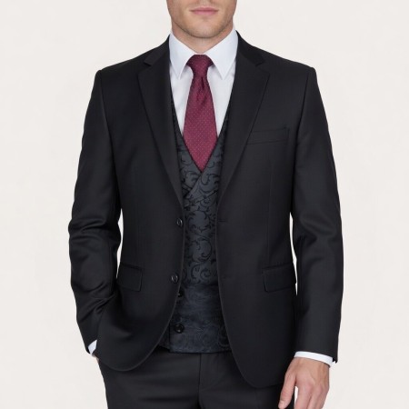 Black Double Breasted Shawl Waistcoat, Swirl Leaf #AB-WWC1000/3 