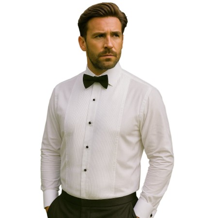 White Pleated Tailored Fit Dress Shirt, Double Cuff