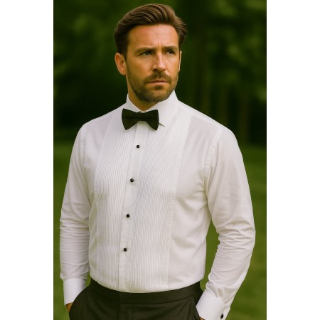 White Pleat Tailored Fit Dress Shirt, Double Cuff #Q203/1
