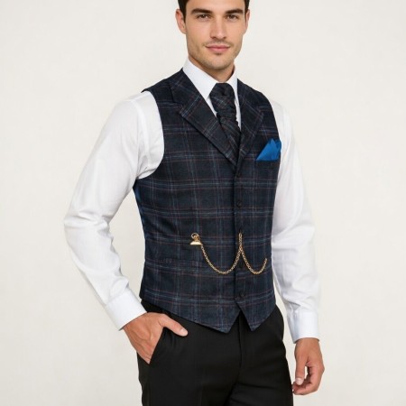 Navy Blue Overcheck Collared Wool Waistcoat #AB-WWE1020/3