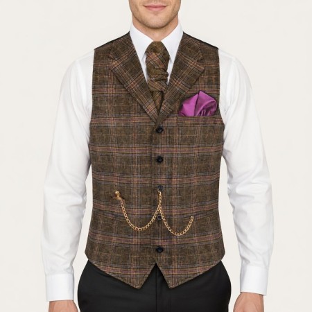 Brown Overcheck Collared Wool Waistcoat #AB-WWE1020/1