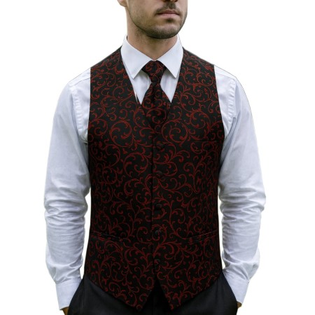 Burgundy on Black Swirl Leaf Wedding Waistcoat
