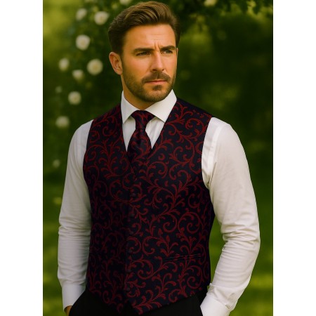 Burgundy on Black Swirl Leaf Wedding Waistcoat #AB-WWA1000/1