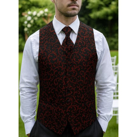 Burgundy on Black Swirl Leaf Wedding Waistcoat #AB-WWA1000/1