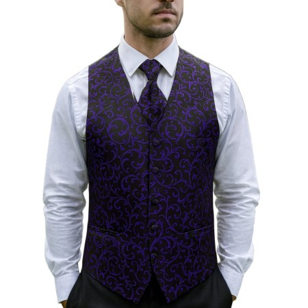 Purple on Black Swirl Leaf Formal Waistcoat #AB-WWA1000/14