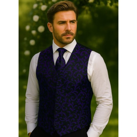 Purple on Black Swirl Leaf Formal Waistcoat #AB-WWA1000/14