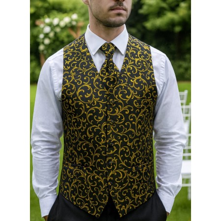 Gold on Black Swirl Leaf Formal Waistcoat #AB-WWA1000/15