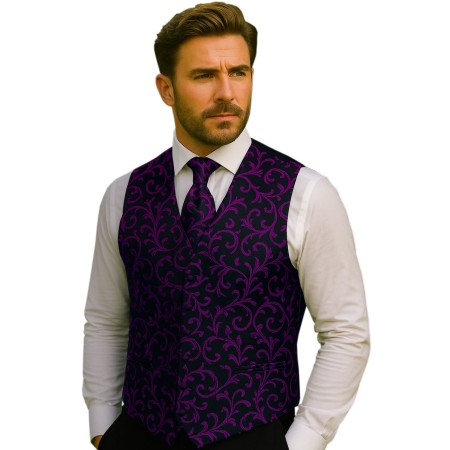Plum on Black Swirl Leaf Formal Waistcoat Abel & Burke