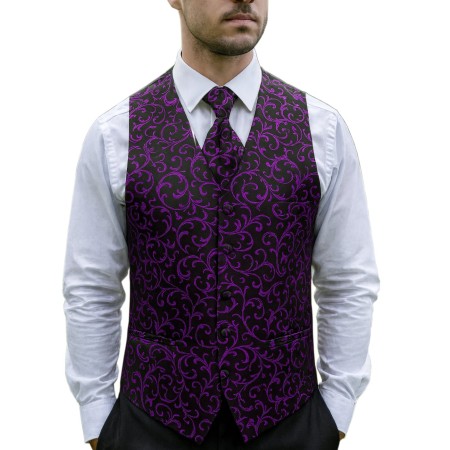 Plum on Black Swirl Leaf Formal Waistcoat Abel & Burke