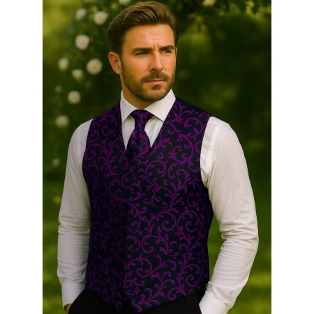 Plum on Black Swirl Leaf Formal Waistcoat #AB-WWA1000/16