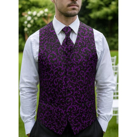 Plum on Black Swirl Leaf Formal Waistcoat #AB-WWA1000/16