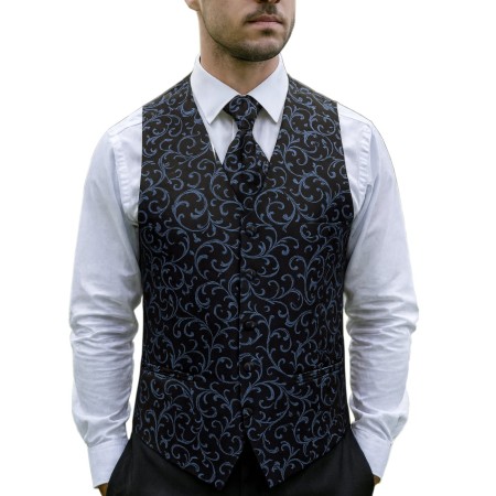 Morning Blue on Black Swirl Leaf Wedding Waistcoat Abel & Burke